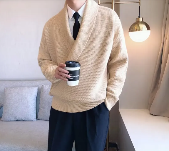 Loose fit draped knit coat front view