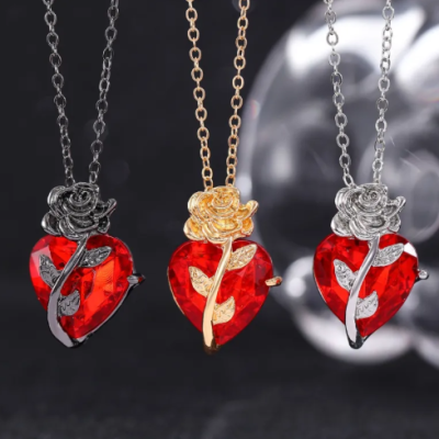 Punk heart rose pendant necklace