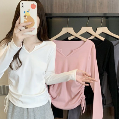 Short belly covering slimming drawstring V-neck