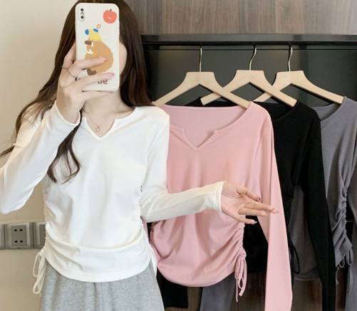 Short belly covering slimming drawstring V-neck
