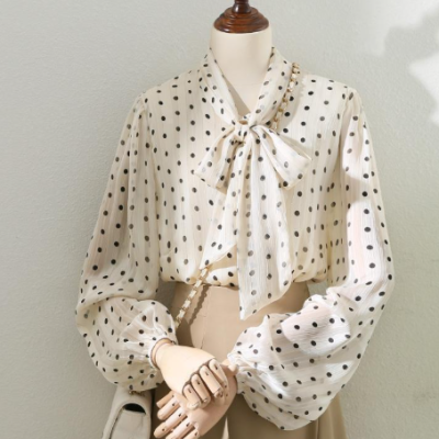 Retro apricot polka dot blouse women vintage style casual elegant fashion top with soft breathable fabric