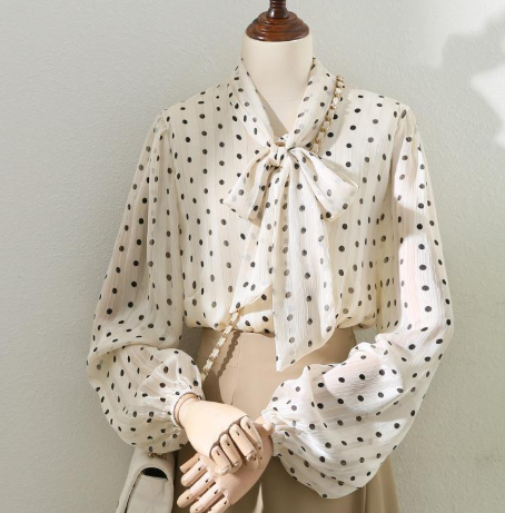 Retro apricot polka dot blouse women vintage style casual elegant fashion top with soft breathable fabric