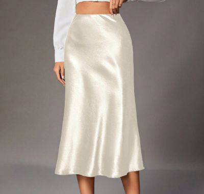Woman wearing high-grade artificial silk high-waisted skirt with elegant European and American fashion style for sophisticated feminine outfit