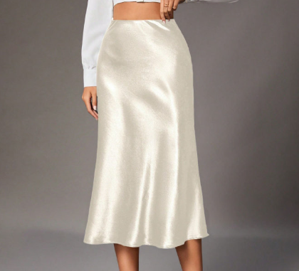 Woman wearing high-grade artificial silk high-waisted skirt with elegant European and American fashion style for sophisticated feminine outfit