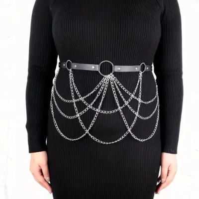 Black leather strap waist chain