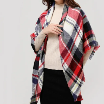 Red and black women’s fall winter scarf styled with cozy seasonal fashion outfit