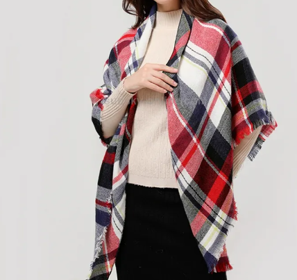 Red and black women’s fall winter scarf styled with cozy seasonal fashion outfit