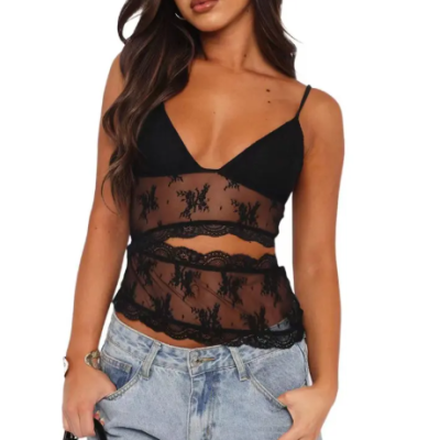 Candy color lace stitched backless V-neck women bralette tank top with sling straps and feminine design.