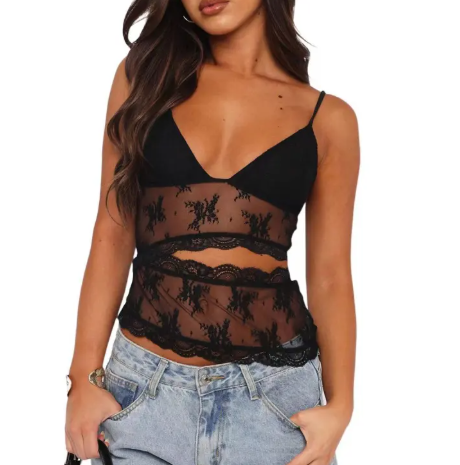 Candy color lace stitched backless V-neck women bralette tank top with sling straps and feminine design.