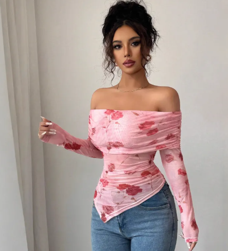 one shoulder printed top