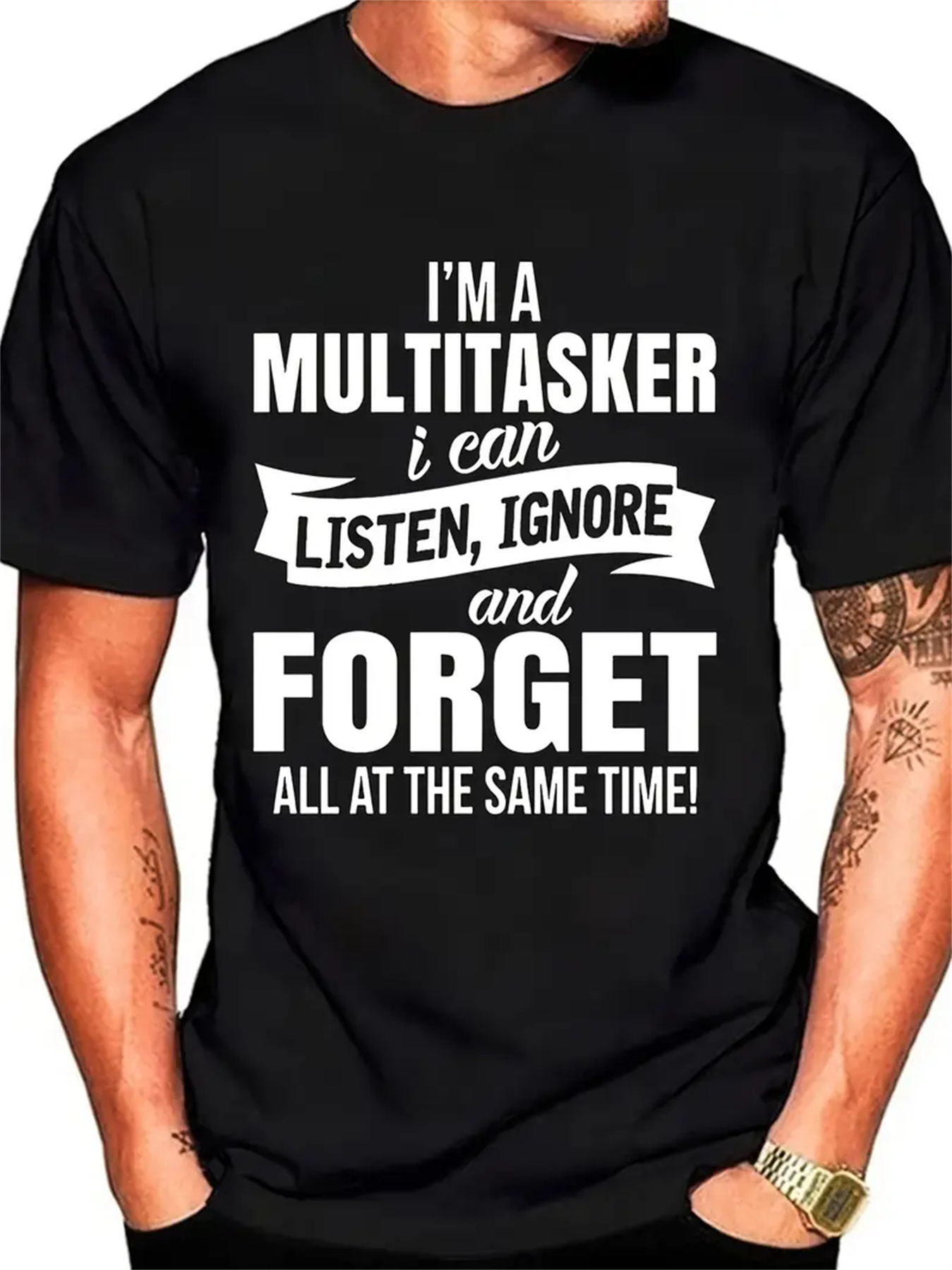 Funny Sarcastic Humor I'm A Multitasker Listen Ignore Forget Premium T-Shirt with witty graphic print and soft fabric for casual style in the UK and USA.
