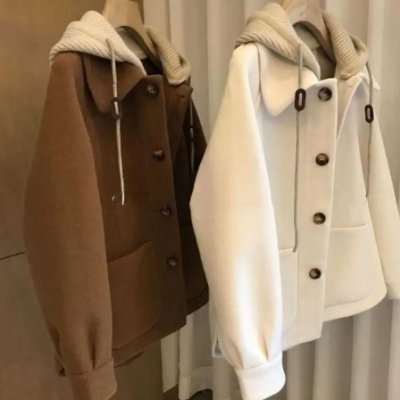 Women's hooded patchwork woolen winter coat