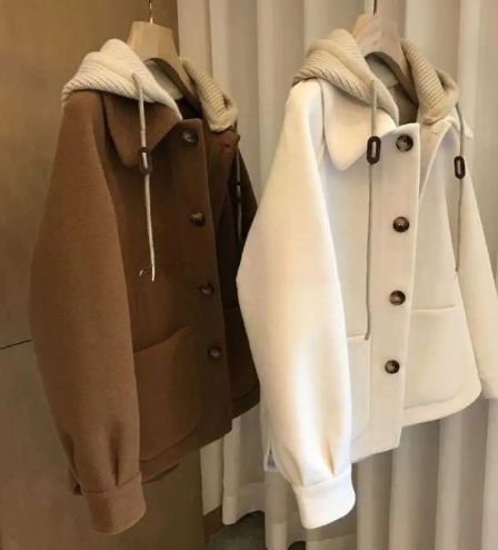 Women's hooded patchwork woolen winter coat