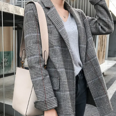 Women's retro loose mid-length woolen plaid suit
