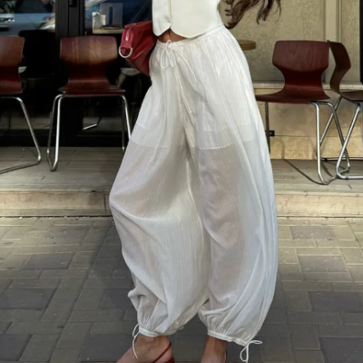 Women's lace-up ankle-cinching semi-sheer trousers