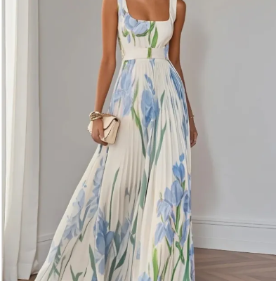 Floral print sleeveless pleated A-line midi dress for women.