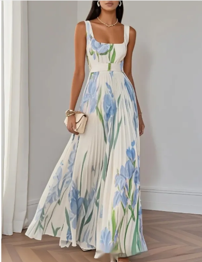 Floral print sleeveless pleated A-line midi dress for women.